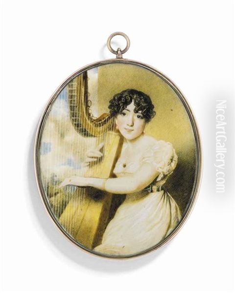 Jane Eliza Russell, Nee Doddington Sherwood (1798-1888), Playing A Harp, In White Dress Oil Painting by Martha Bellett Browne
