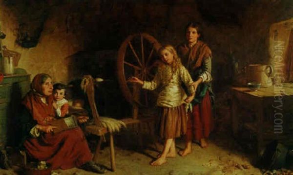 A Spinning Lesson Oil Painting by George Washington Brownlow
