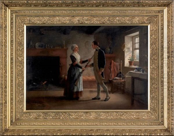 Interior Scene Depicting A Revolutionary Soldier Bidding Farewell To His Wife Oil Painting by Jennie Augusta Brownscombe