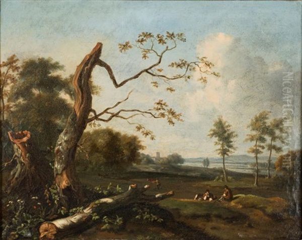 Vue De Campagne Avec Deux Villageois Au Repos Oil Painting by Lazare Bruandet