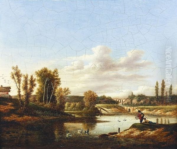 Landschaft Mit Zwei Anglern An Einem Teich Oil Painting by Lazare Bruandet