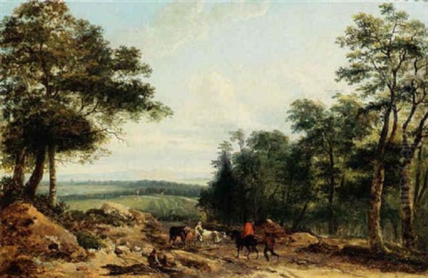A Wooded Landscape With A Shepherdess And Her Cattle On A Path Together With A Horseman Oil Painting by Lazare Bruandet