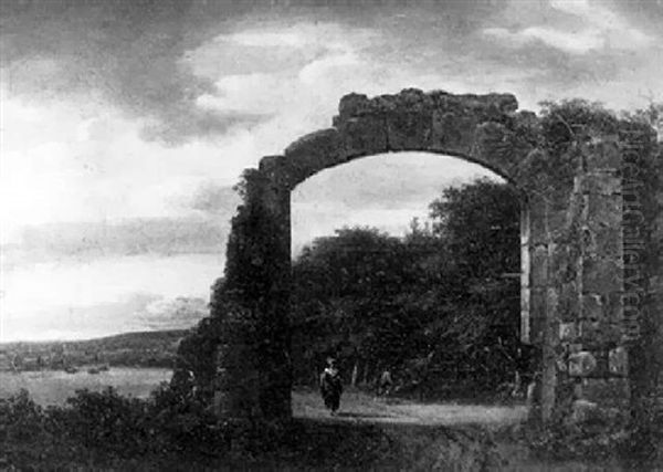 Paysage Aux Ruines Avec Villageois Marchand Sur Un Chemin Oil Painting by Lazare Bruandet