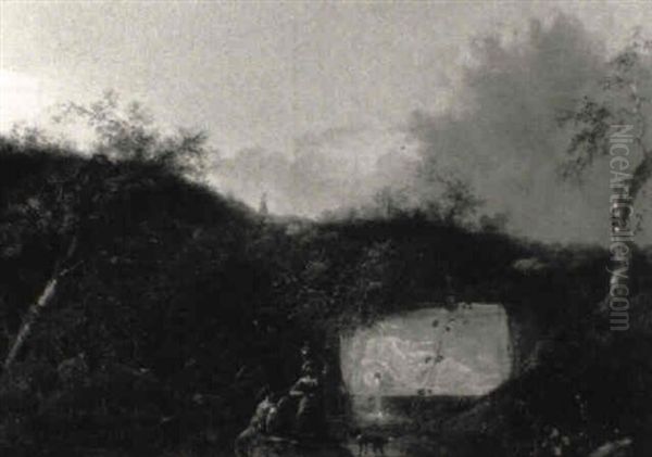 Jeunes Femmes Cherchant De L'eau A Une Fontaine Antique Oil Painting by Lazare Bruandet