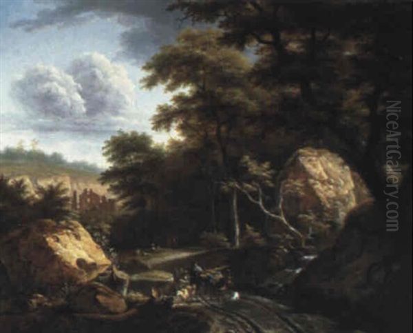 Peasants On A Wooded Path In A Romantic Landscape Oil Painting by Lazare Bruandet