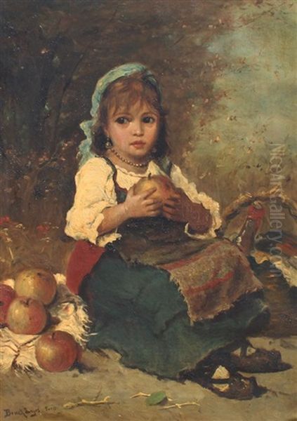 Young Peasant Girl With Apples Oil Painting by Lajos Bruck
