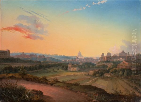 View Of Rome In The Evening Light Oil Painting by Johann Wilhelm Bruecke