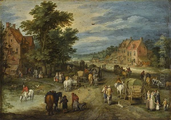 A Wide Village Street In Summer With Carts, Villagers And Gentlefolk Oil Painting by Jan Brughel