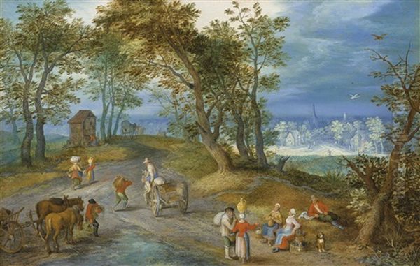 Landscape With Figures On A Road Through A Wood, With A Chapel Beyond Oil Painting by Jan Brughel