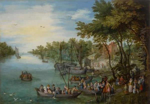 A Wooded River Landscape With A Landing Stage, Boats, Various Figures And A Village Beyond Oil Painting by Jan Brughel