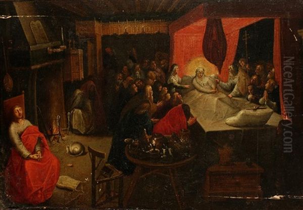 The Dormition Of The Virgin In A Painted Architectural Niche With Foliate Scrolls In Black Oil Painting by Jan Brughel