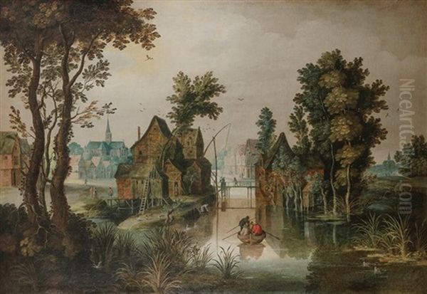 Village En Bordure De Riviere Anime De Personnages Oil Painting by Jan Brughel