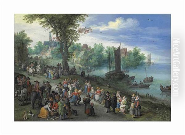 Figures Dancing On The Bank Of A River With A Fish-seller, With A Portrait Of The Artist In The Foreground Oil Painting by Jan Brughel