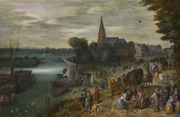 A Busy Townscape With Numerous Figures Arriving By Ferryboat And Fishermen Selling Their Catch On The Riverbank Oil Painting by Jan Brughel
