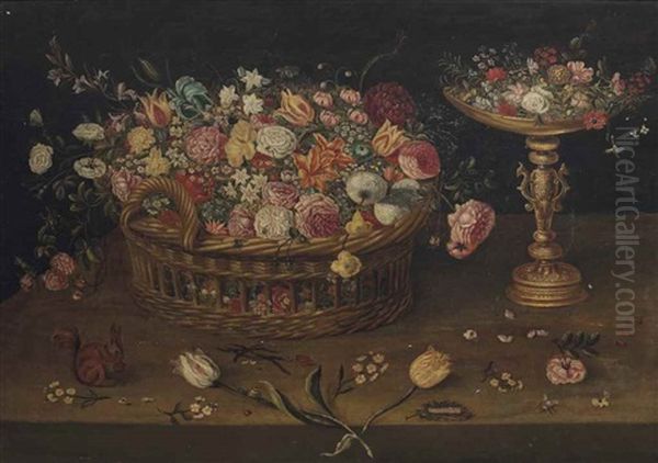 A Wicker Basket With Roses, Narcissi, Tulips, Primroses, Orchids And Other Flowers, A Gilt Tazza With Flowers, On A Wooden Ledge With A Squirrel Oil Painting by Jan Brughel