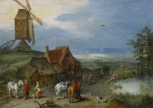 Landscape With A Windmill, Various Figures, Horses, And Animals Near A Farmstead Oil Painting by Jan Brughel