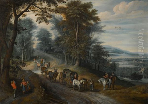 Travellers On A Wooded Road, A Distant Landscape Beyond Oil Painting by Jan Brughel
