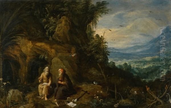 Two Saints Seated Outside A Cave, A Distant Landscape Beyond Oil Painting by Jan Brughel