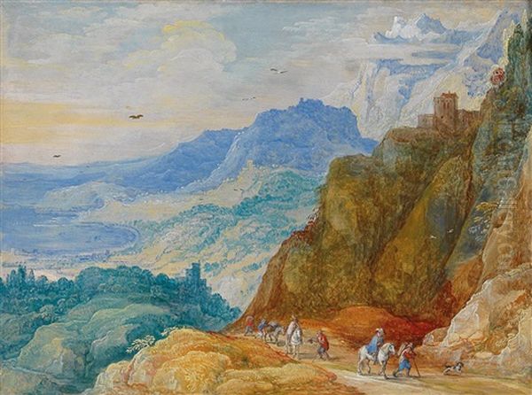 A Mountainous Landscape With Travellers On A Path Oil Painting by Jan Brughel
