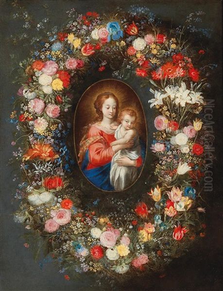 The Madonna And Child Surrounded By A Floral Garland Oil Painting by Jan Brughel