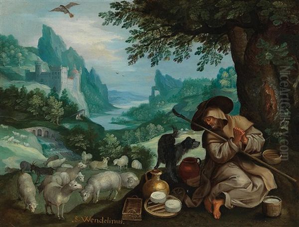 A Rocky River Landscape With The Hermit Wendelin Of Trier Oil Painting by Jan Brughel