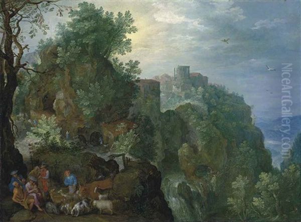 A Mountainous Landscape With Herdsmen Resting By A Path, A View Of Tivoli, With The Temple Of Vesta And The Cascatelle Beyond Oil Painting by Jan Brughel