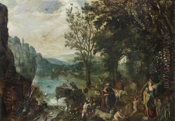 Allegory Of The Four Elements In A Hollow-carved 18th Century English Frame Oil Painting by Jan Brughel