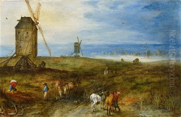 Wide Landscape With Windmills Oil Painting by Jan Brughel