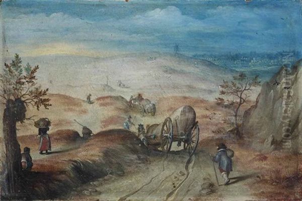 An Extensive, Hilly Landscape With Carriages And Peasants On A Sandy Path Oil Painting by Jan Brughel