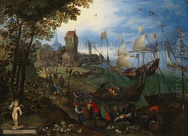 A Crowded Harbour Scene On The Scheldt Near Antwerp Oil Painting by Jan Brughel