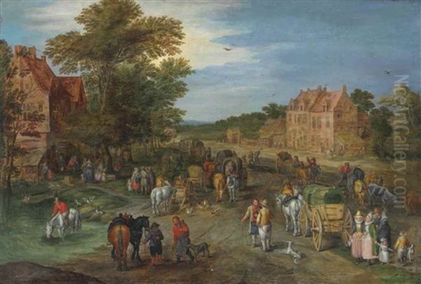 A Village With Travelers And Covered Wagons On A Country Road Oil Painting by Jan Brughel