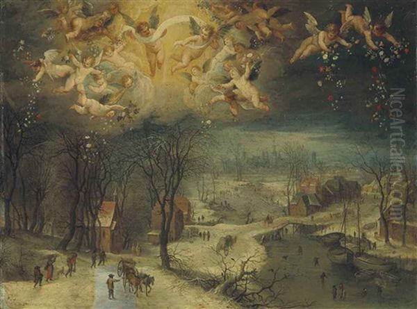 A Winter Landscape With Villagers Gathering Wood And Skaters On A Frozen River, Putti Scattering Flowers Above Oil Painting by Jan Brughel