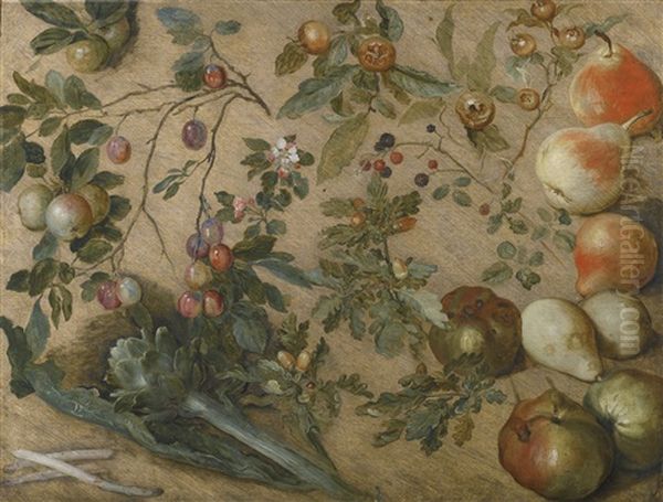Studies Of Apples, Pears, Grapes, Blackberries, An Artichoke, Spears Of Asparagus And A Sprig Of Oak Oil Painting by Jan Brughel