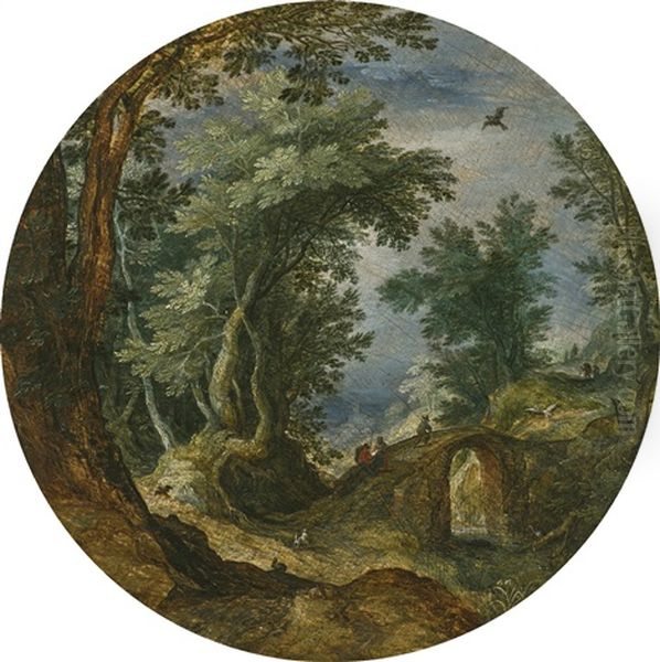 A Wooded Landscape With Figures Crossing A Bridge Oil Painting by Jan Brughel