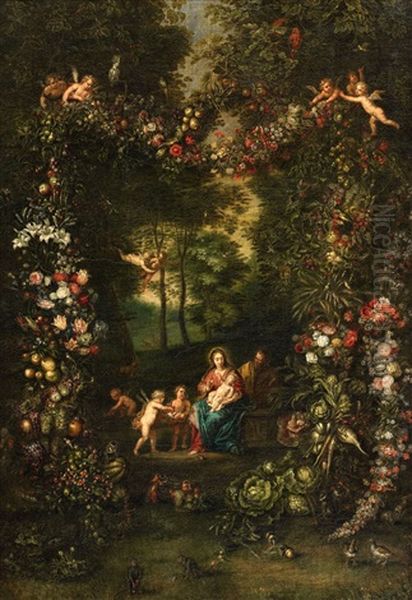 A Garland Of Fruits With The Holy Family Oil Painting by Jan Brughel