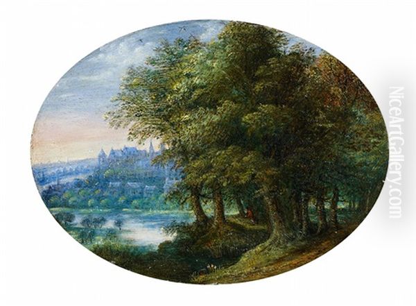 Forest Landscape With A View Of Prague Castle Oil Painting by Jan Brughel