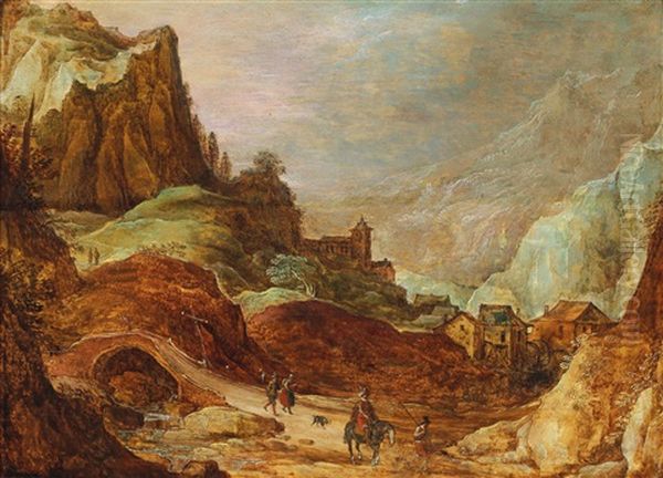 A Mountainous Landscape With A Horseman And Travellers On A Path Oil Painting by Jan Brughel