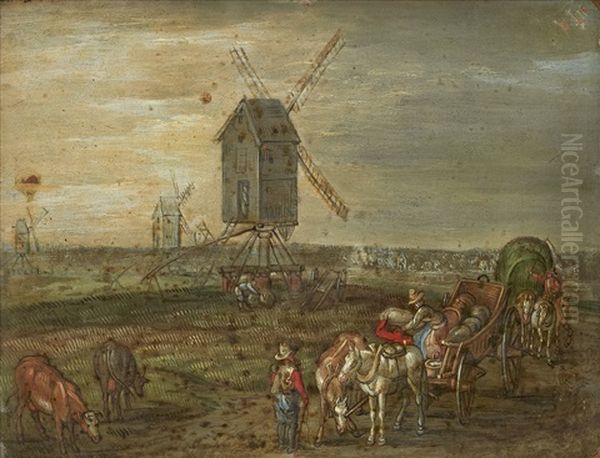 Vaderkvarnar I Hollandskt Landskap Oil Painting by Jan Brughel