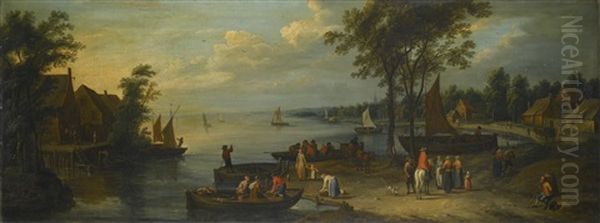 A Wooded River Landscape With Figures Near A Village And Boats Oil Painting by Jan Brughel