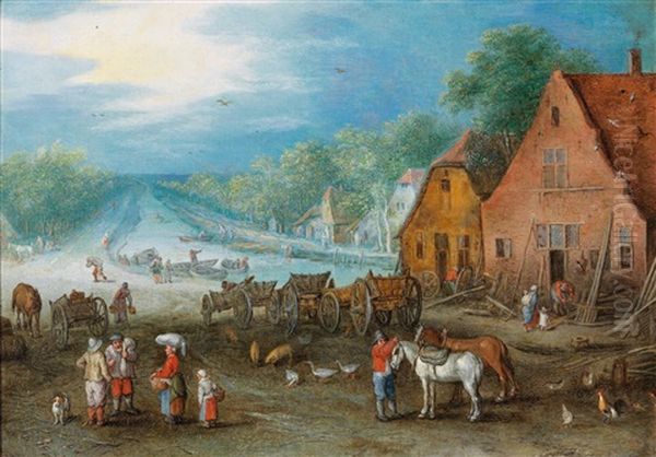 Canal Landscape With Two Workshops At The Banks Oil Painting by Jan Brughel