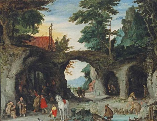 A Mountainous Landscape With Pilgrims Visiting A Shrine At A Hermitage Oil Painting by Jan Brughel