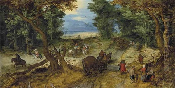 A Wooded Landscape With Travelers On A Path Oil Painting by Jan Brughel