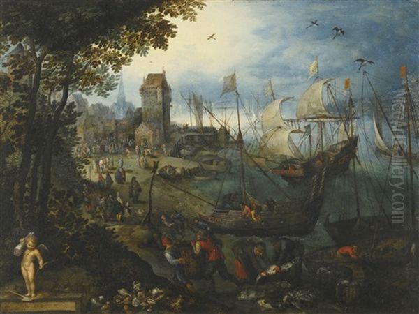 River Landscape With Numerous Ships Bringing Their Catch Into A Town Oil Painting by Jan Brughel