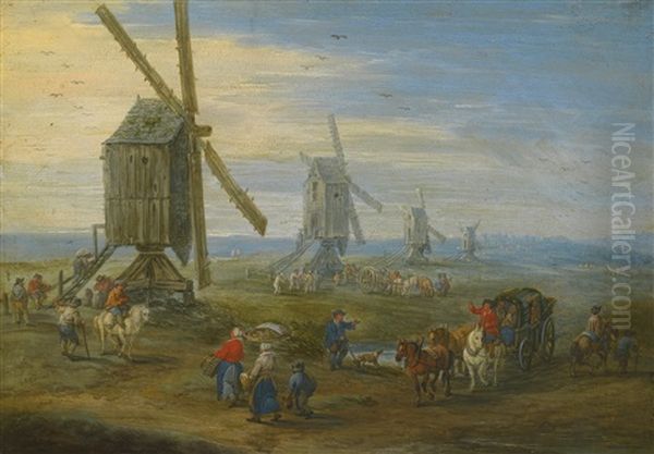 Landscape With A Row Of Working Windmills, Figures On Foot, On Horseback And In Carts, A Town In The Distance Oil Painting by Jan Brughel