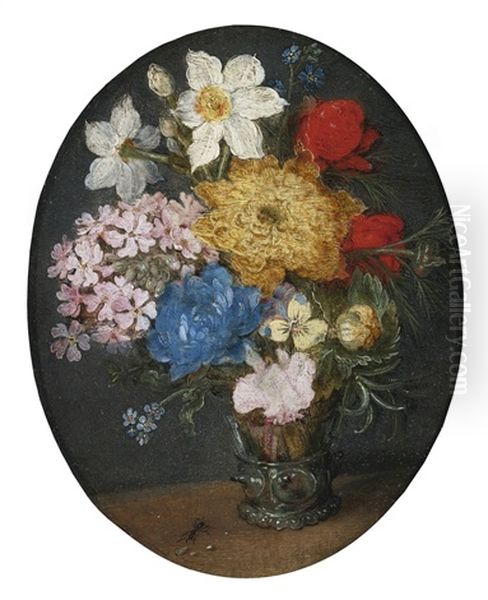Narcissi, Chrysanthemums, Roses, Forget-me-nots, A Sprig Of Rosemary And Other Flowers In A Roemer With An Ant On A Table Oil Painting by Jan Brughel