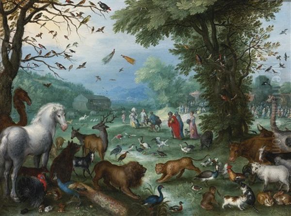 Paradise Landscape With The Animals Entering Noah's Ark Oil Painting by Jan Brughel