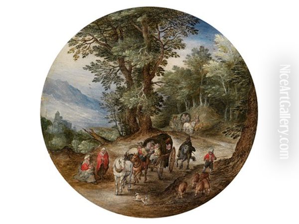 Waldstrasse Mit Planwagen Und Schweineherde Oil Painting by Jan Brughel