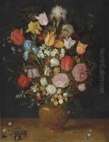 Irises, Roses, Tulips, Narcissae, Cardamine, Cyclamen, Hyacinths, Calendula, Eranthis And Other Flowers In A Vase On A Ledge Oil Painting by Jan Brughel