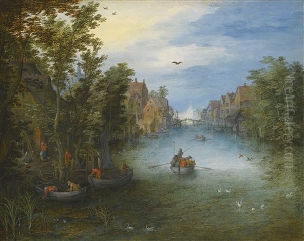 A River Running Through A Small Town, With A Cattle Ferry On The Water And Rowing Boats Setting Off From The Left Bank Oil Painting by Jan Brughel