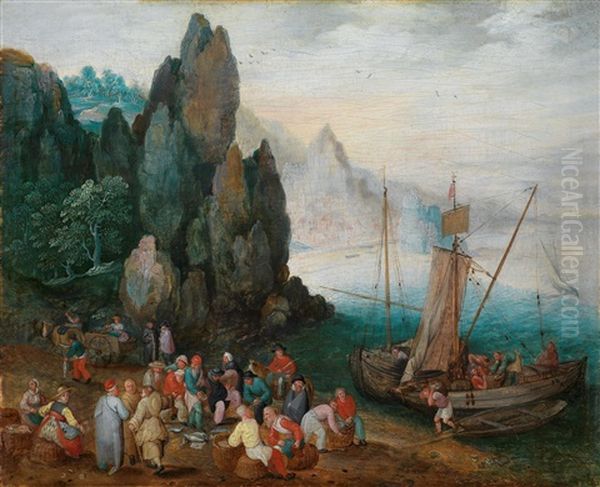 Eine Kustenlandschaft Mit Fischmarkt Oil Painting by Jan Brughel